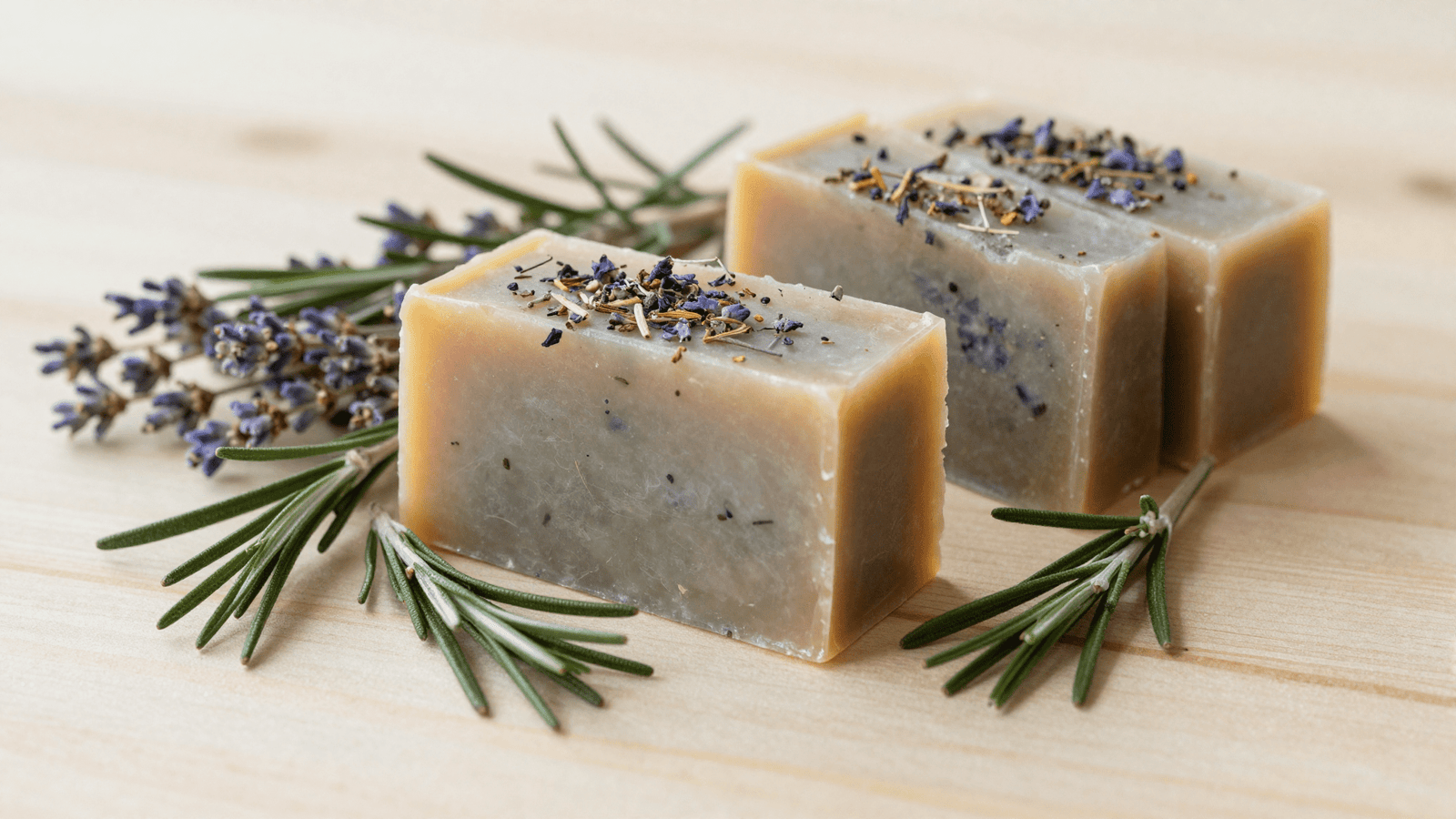 Sabonetes de ervas prontos na base glicerinada com alecrim e lavanda ao redor