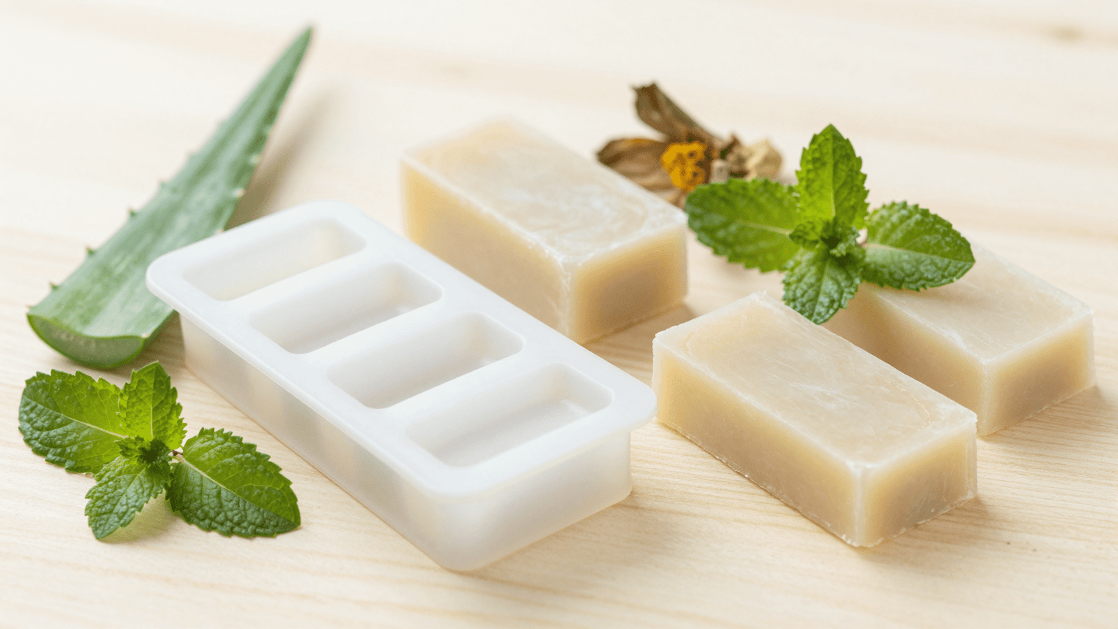 Sabonetes pos-sol com malva, menta e babosa prontos no molde com folha de aloe vera ao lado