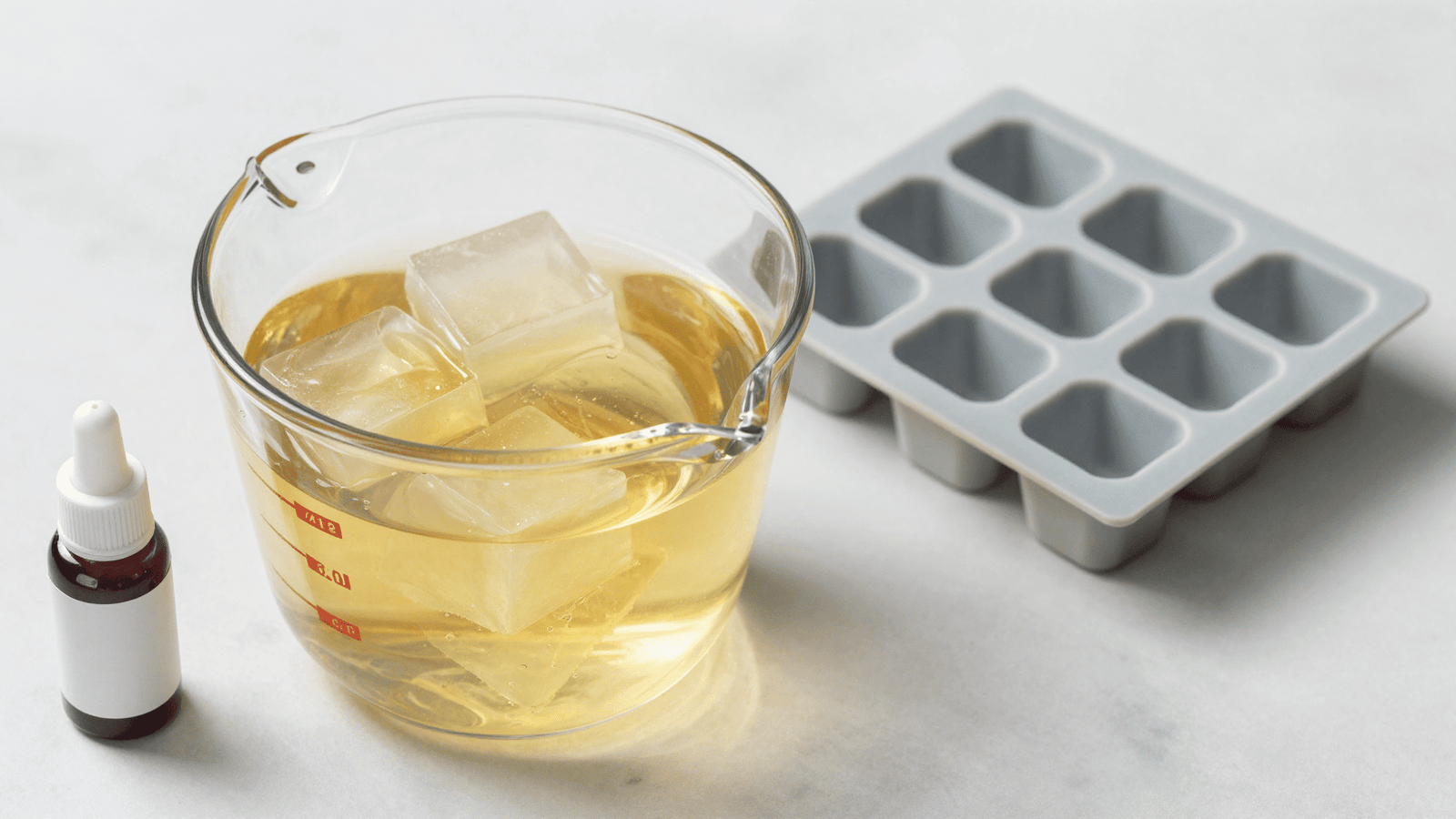Base glicerinada em cubos num copo medidor, forma de silicone e corante para o sabonete simples
