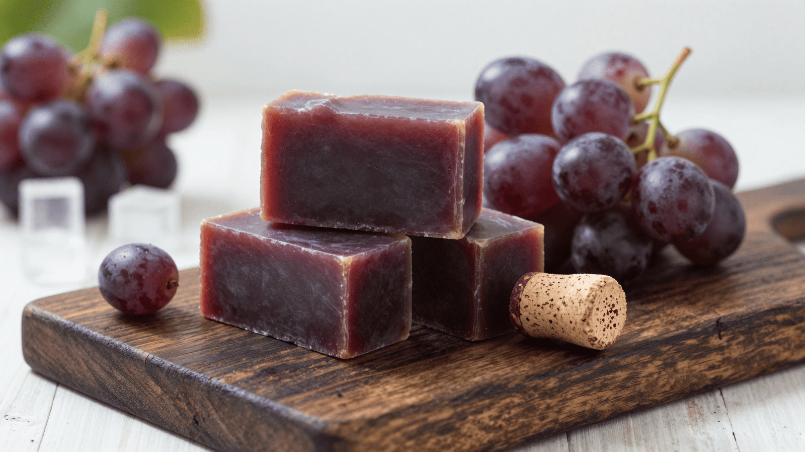 Sabonetes de vinho cor bordo na forma de silicone com uvas frescas ao lado