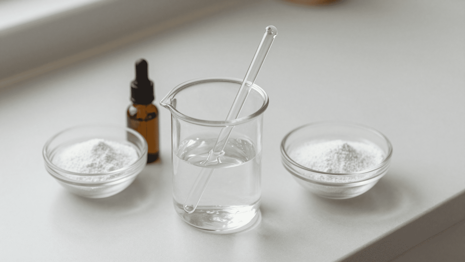 Misturando o serum facial num bequer de vidro com bastao, com po de acido hialuronico ao lado