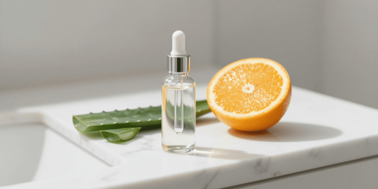 Serum facial caseiro de acido hialuronico e vitamina C em frasco conta-gotas com aloe e laranja