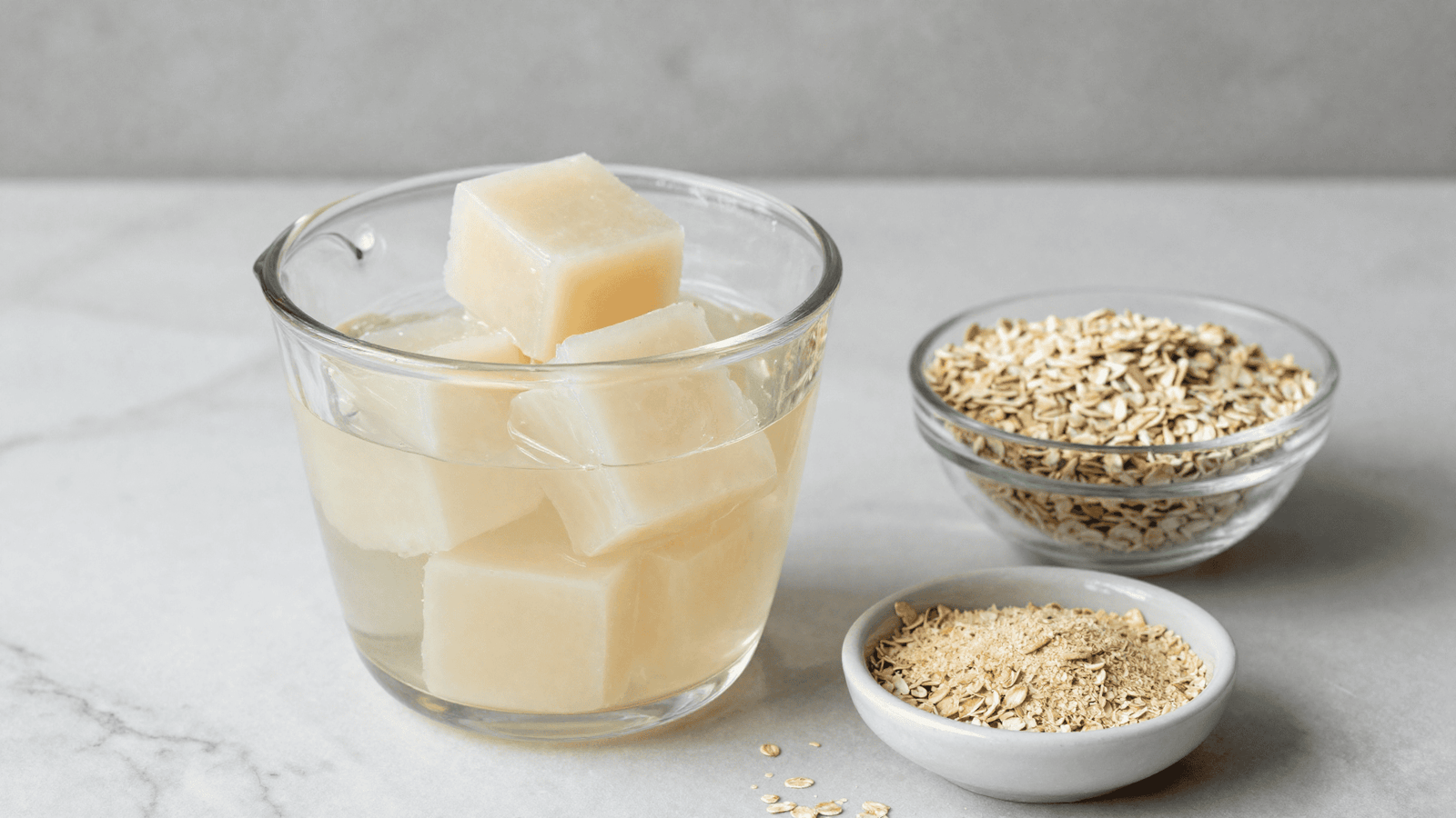 Base glicerinada em cubos, flocos de aveia e aveia moida para a receita do sabonete de aveia