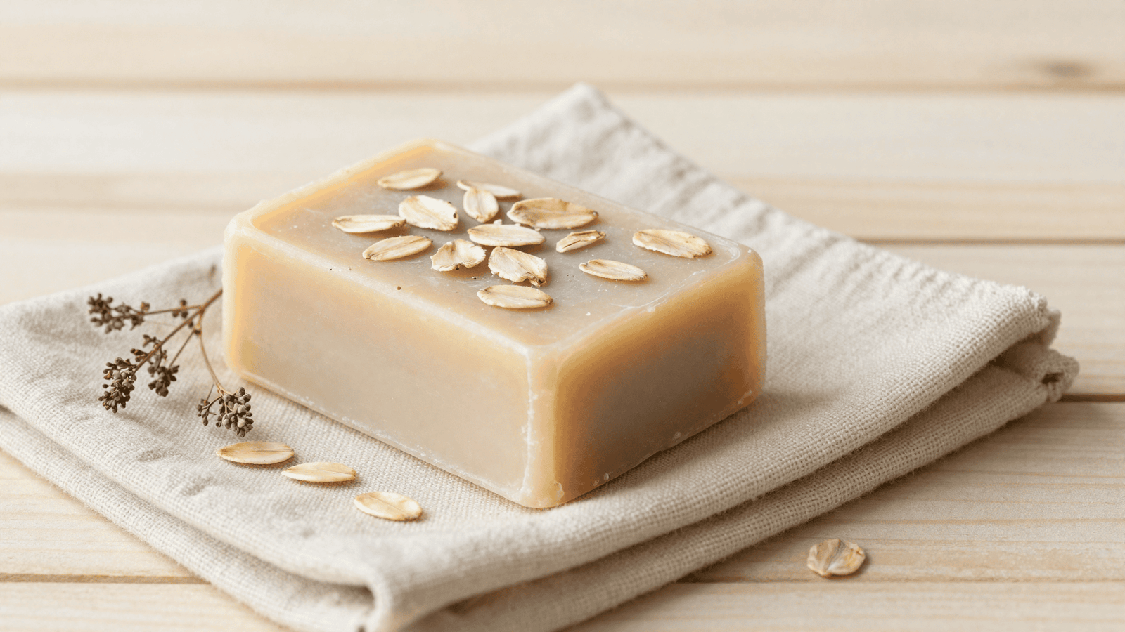 Sabonete de aveia cor de creme com flocos de aveia sobre um pano de linho