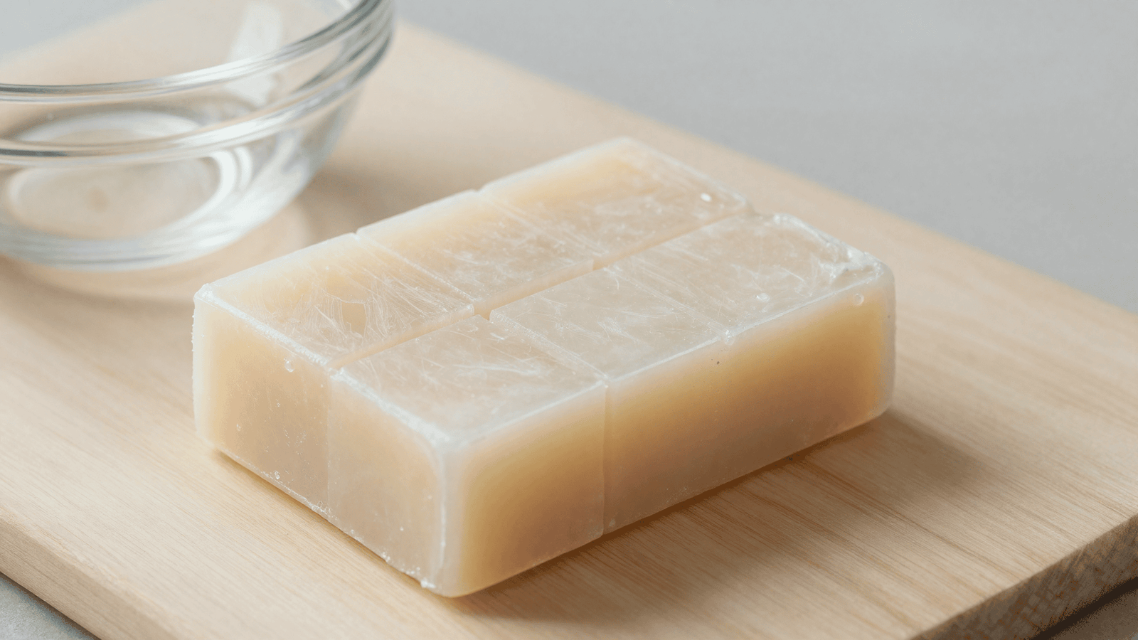 Base glicerinada transparente e branca cortada em cubos sobre uma tábua clara