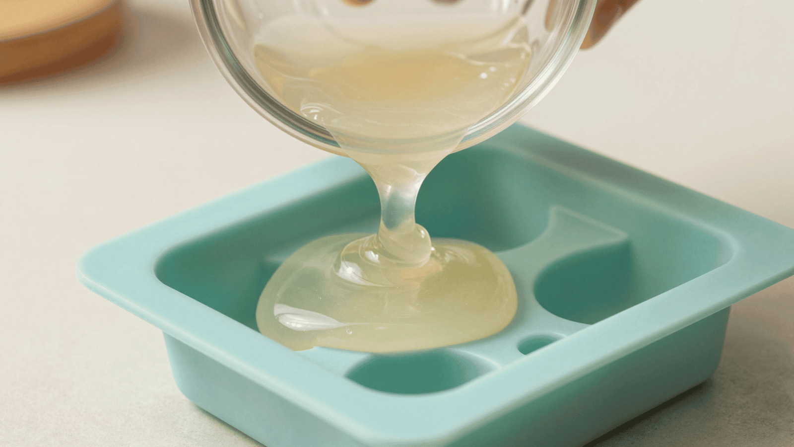 Glicerina derretida lisa e transparente sendo despejada em uma forma de silicone
