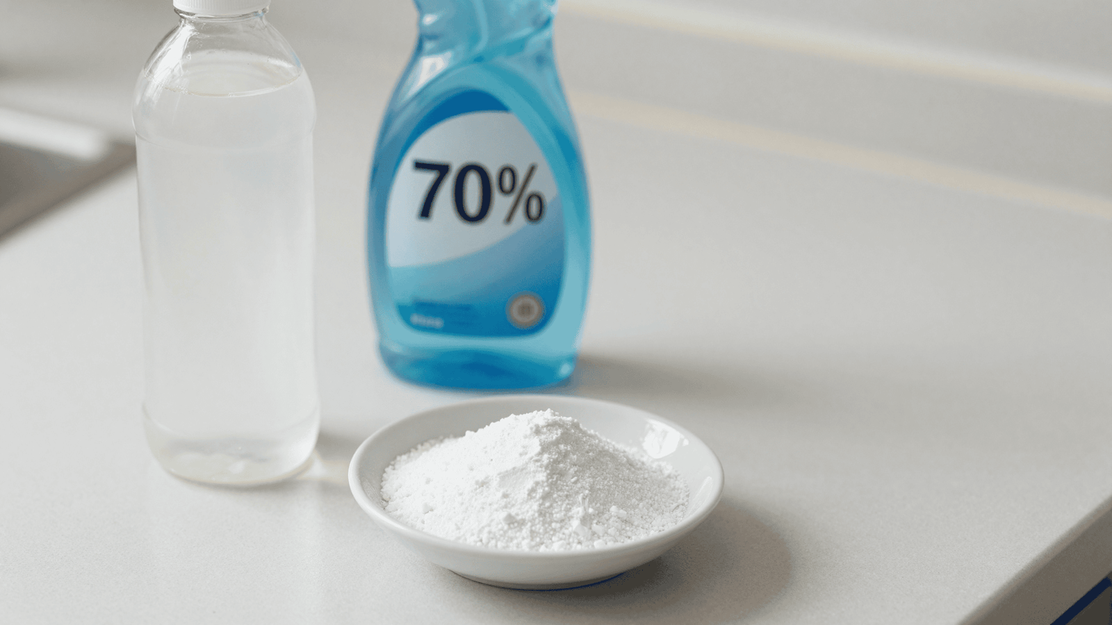 Vinagre, bicarbonato de sódio e álcool 70% sobre a bancada, ingredientes de limpeza