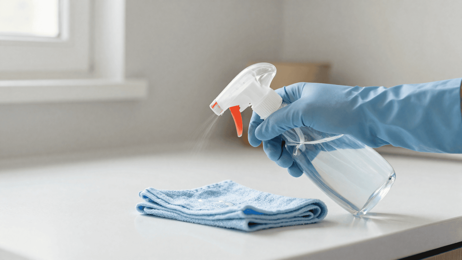 Mão com luva borrifando um limpador transparente numa superfície de cozinha