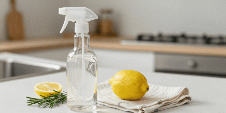 Frasco spray com limpador multiuso caseiro ao lado de limão, alecrim e pano sobre a bancada