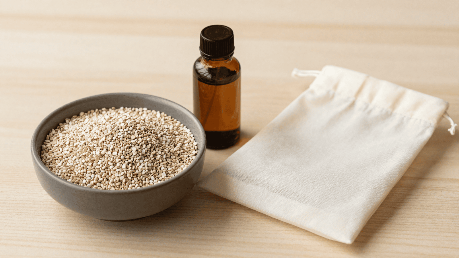 Tigela de grânulos aromáticos, frasco de essência e saquinho de organza para montar o sachê