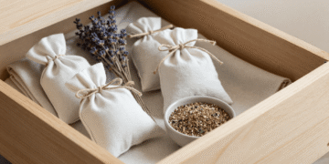 Sachês aromáticos amarrados com barbante em uma gaveta de madeira com roupas dobradas e lavanda seca