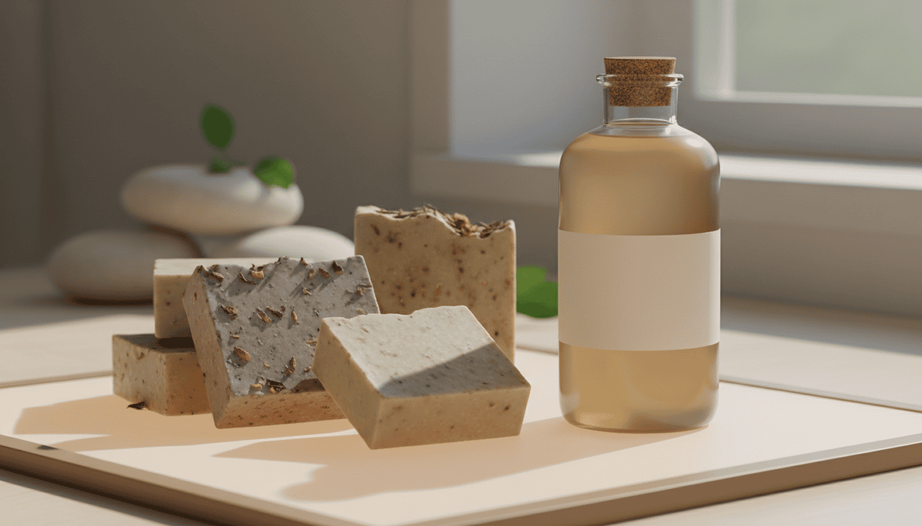 Sabonetes artesanais e frasco de xampu comum agrupados, exemplos de produtos Grau 1