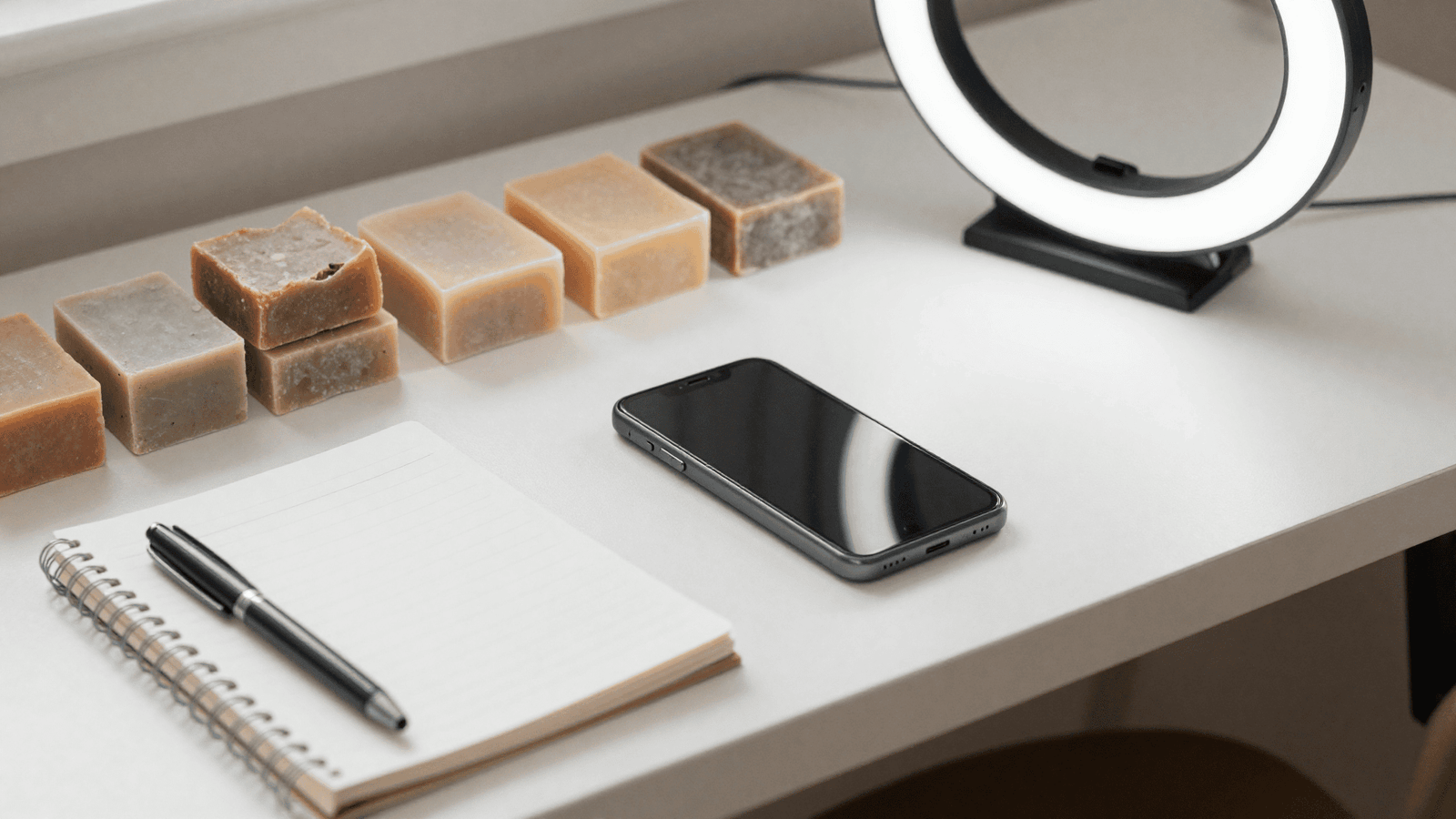 Smartphone ao lado de sabonetes artesanais e uma ring light, montagem para foto de produto