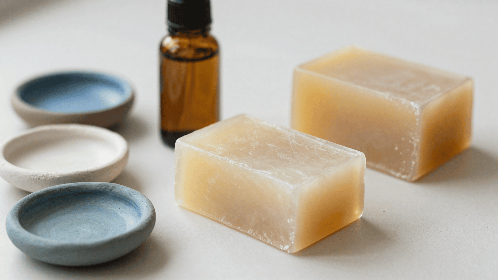 Base glicerinada em cubos, argilas coloridas e óleo essencial para fazer sabonete