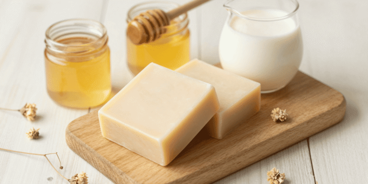 Sabonetes de leite e mel cor de creme em tábua de madeira com pote de mel e jarra de leite
