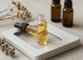 Frasco roll-on de perfume em óleo sobre mesa clara com flores secas e frascos de óleo essencial