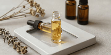 Frasco roll-on de perfume em óleo sobre mesa clara com flores secas e frascos de óleo essencial
