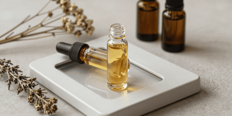 Frasco roll-on de perfume em óleo sobre mesa clara com flores secas e frascos de óleo essencial