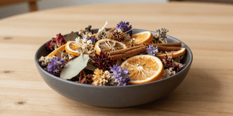Tigela decorativa com pot-pourri colorido de flores secas, folhas, rodelas de cítrico e canela