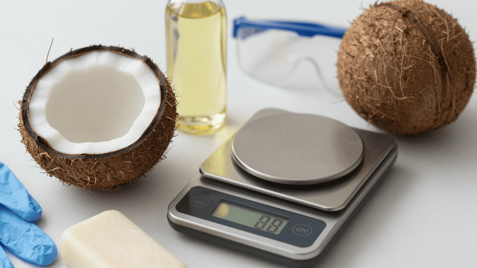 Coco fresco partido, óleo, balança e óculos e luvas de segurança para o sabão de coco