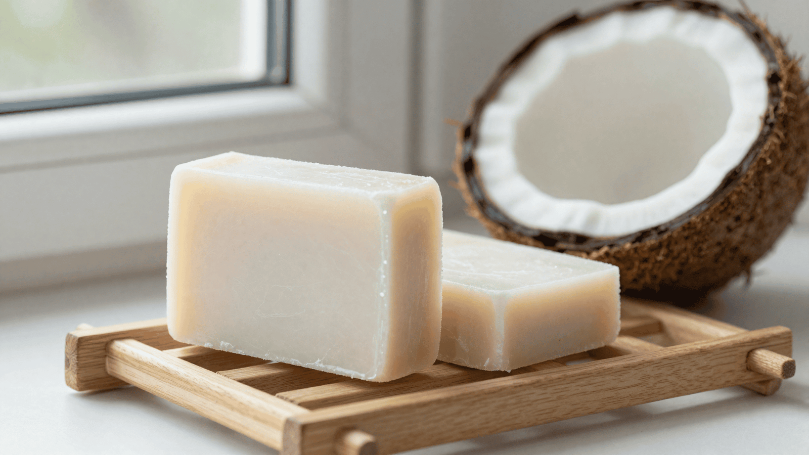 Barras brancas de sabão de coco recém-cortadas curando numa prateleira de madeira