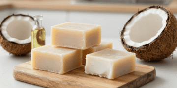 Barras de sabão de coco caseiro empilhadas em tábua de madeira ao lado de um coco fresco partido