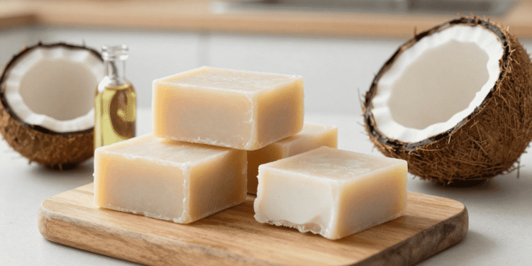 Barras de sabão de coco caseiro empilhadas em tábua de madeira ao lado de um coco fresco partido