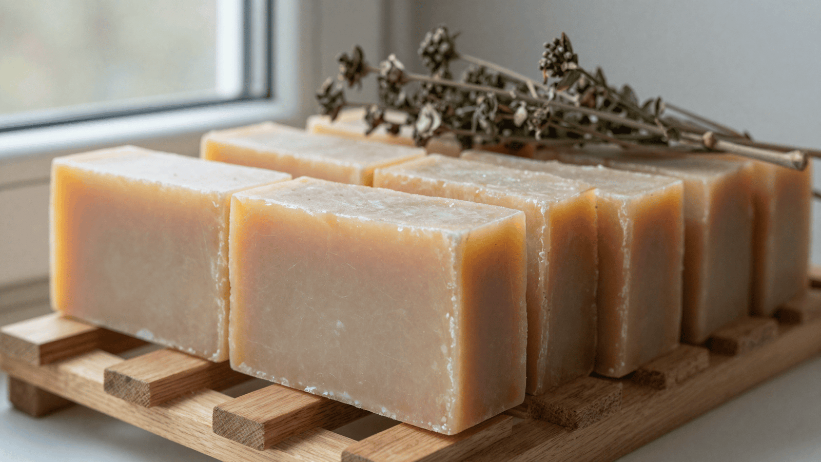 Barras de sabonete natural recém-cortadas curando em uma prateleira de madeira