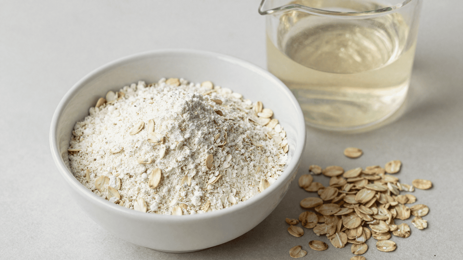 Farinha de aveia coloidal, aveia em flocos e um béquer de gel para a receita do shampoo