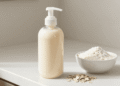 Frasco pump de shampoo natural de aveia cremoso ao lado de aveia coloidal e flocos de aveia