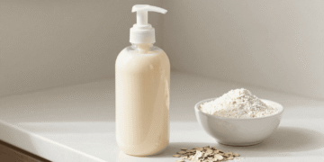 Frasco pump de shampoo natural de aveia cremoso ao lado de aveia coloidal e flocos de aveia