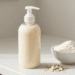 Frasco pump de shampoo natural de aveia cremoso ao lado de aveia coloidal e flocos de aveia