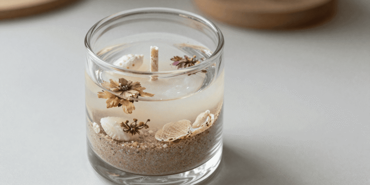 Vela em gel decorativa num pote de vidro com efeito de água, areia colorida, concha e flor no gel transparente